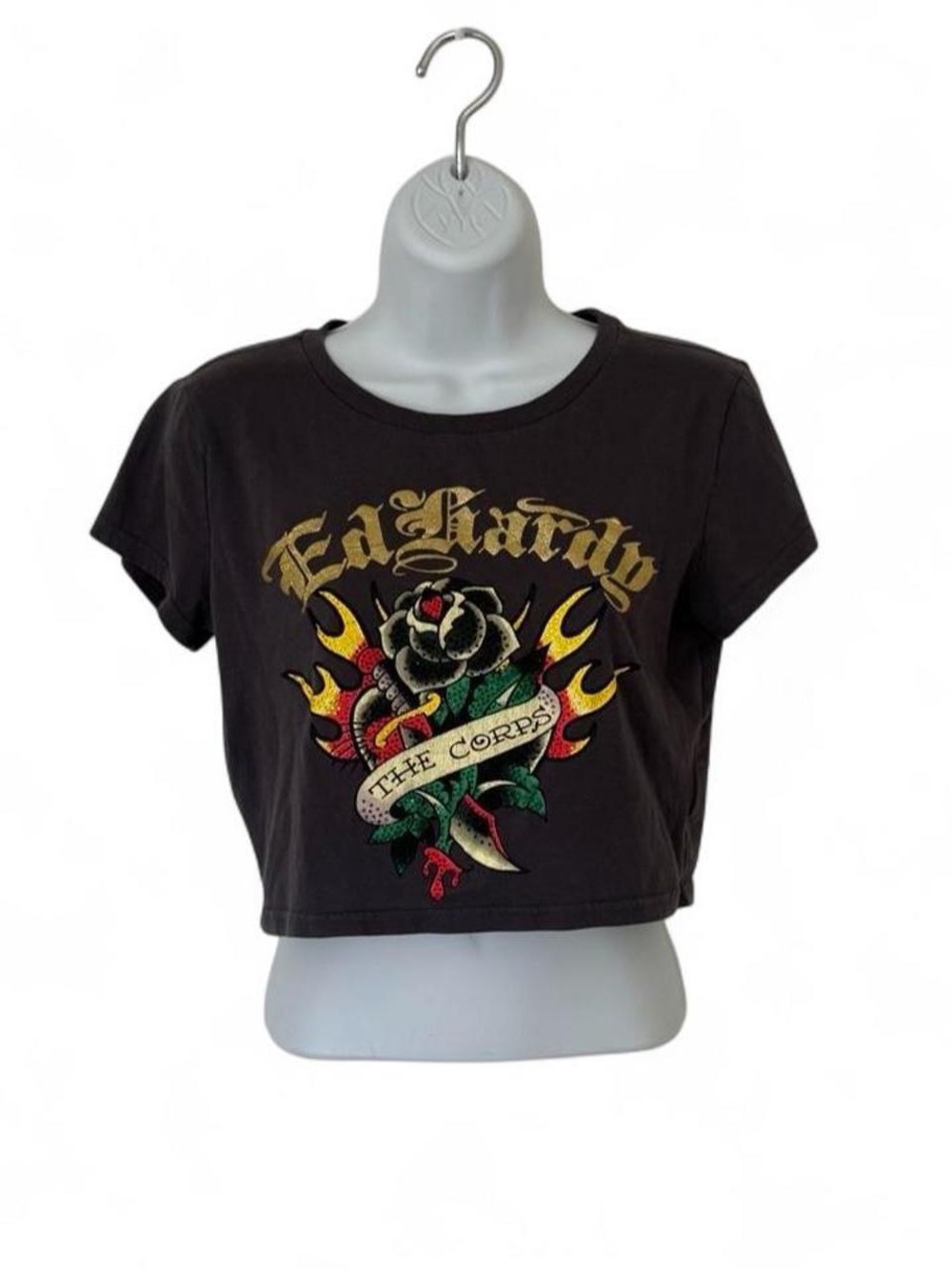 Ed Hardy Baby Tee Black Gold Graphic Y2K